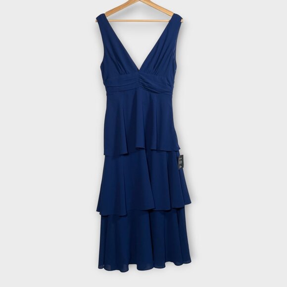 Lulu's Midi Cocktail Party Dress MEDIUM Blue V-neck Tiered Wedding Holiday NEW - Picture 2 of 11